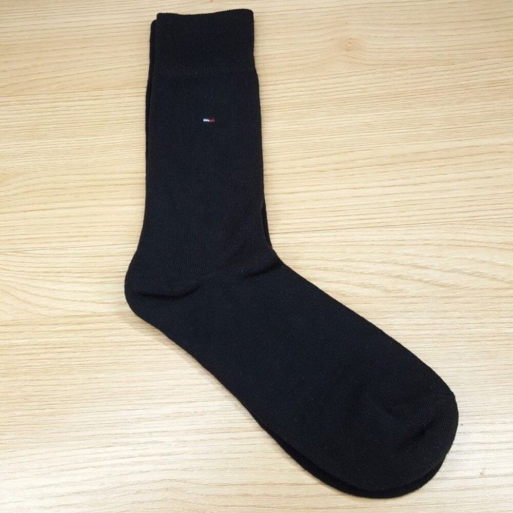 TOMMY HILFIGER Crew Dress Socks Mens Solid Black Cotton Blend Logo